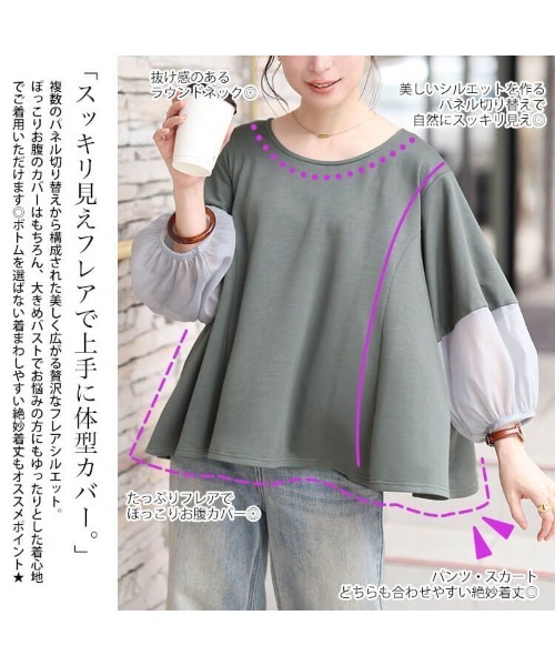 GOLDJAPAN（ゴールドジャパン）の「シアー切り替えランタン袖フレアプルオーバー【大きいサイズ対応】（Tシャツ/カットソー・レディース・チャコール/ブラック/オフホワイト・LL/5L/4L/3L）」の6枚目の写真