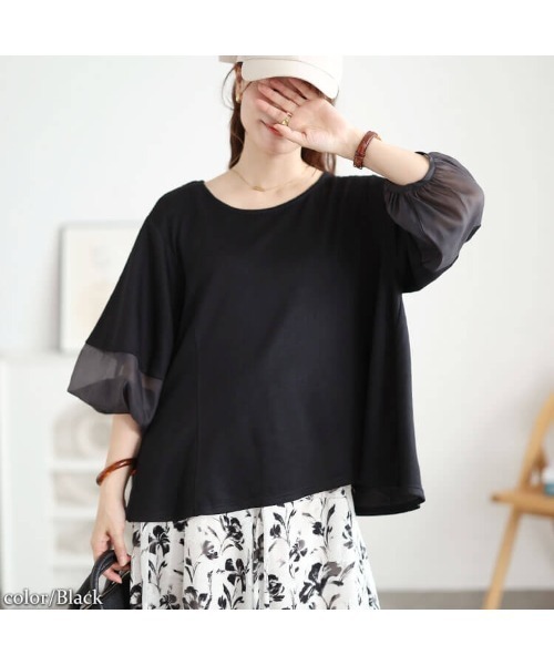 GOLDJAPAN（ゴールドジャパン）の「シアー切り替えランタン袖フレアプルオーバー【大きいサイズ対応】（Tシャツ/カットソー・レディース・チャコール/ブラック/オフホワイト・LL/5L/4L/3L）」の13枚目の写真