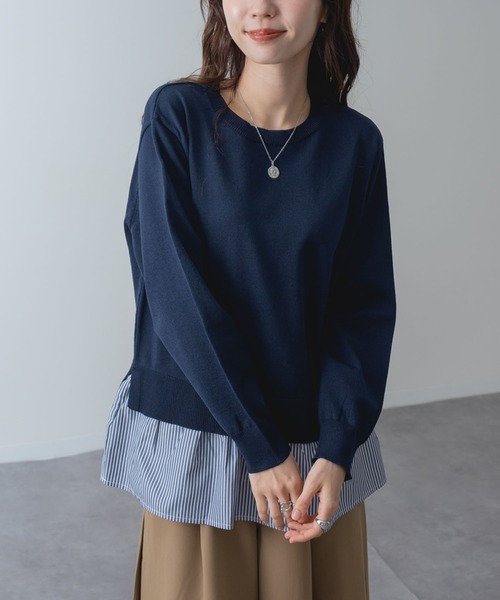 ANNA LUNA(アンナルナ)の「【ANNA LUNA】一枚で レイヤードスタイル が完成! シャツレイヤード風 ニット(ニット/セーター・レディース・ネイビー/ブラック・MEDIUM)」の1枚目の写真