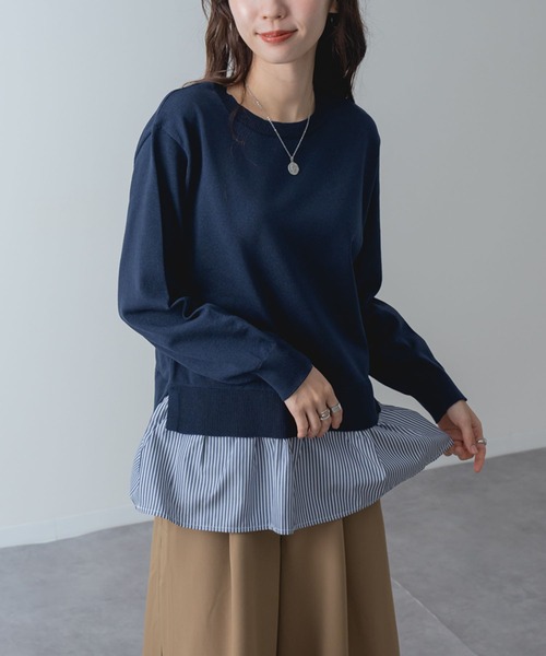 ANNA LUNA(アンナルナ)の「【ANNA LUNA】一枚で レイヤードスタイル が完成! シャツレイヤード風 ニット(ニット/セーター・レディース・ネイビー/ブラック・MEDIUM)」の3枚目の写真
