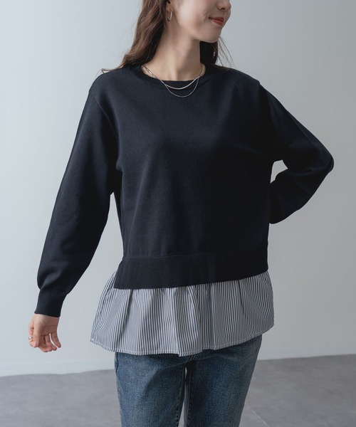 ANNA LUNA(アンナルナ)の「【ANNA LUNA】一枚で レイヤードスタイル が完成! シャツレイヤード風 ニット(ニット/セーター・レディース・ネイビー/ブラック・MEDIUM)」の6枚目の写真