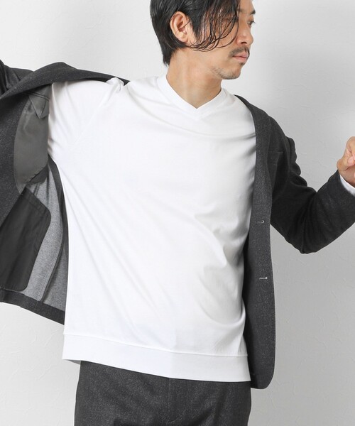 NOLLEY’S(ノーリーズ)の「《ビジカジ対応》シルケットスムース Vネック ドレスロンT 26AW(Tシャツ/カットソー・メンズ・ホワイト/ライトベージュ/グレー・XXL/XL/L/M/S)」の1枚目の写真