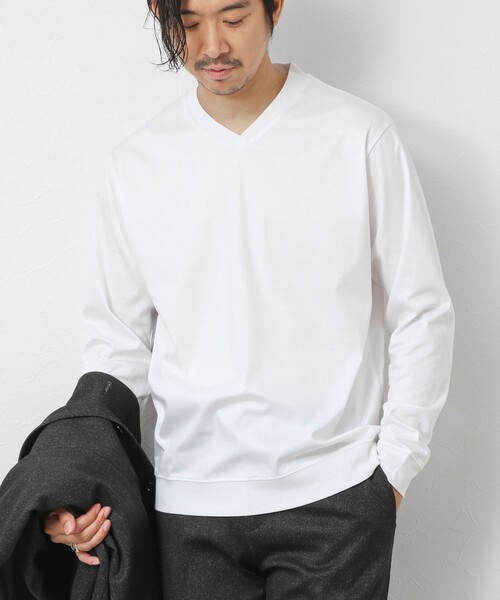 NOLLEY’S(ノーリーズ)の「《ビジカジ対応》シルケットスムース Vネック ドレスロンT 26AW(Tシャツ/カットソー・メンズ・ホワイト/ライトベージュ/グレー・XXL/XL/L/M/S)」の4枚目の写真