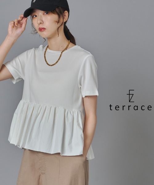 terrace(テラス)の「リブ切り替えナイロンぺプラムTシャツ(Tシャツ/カットソー・レディース・ブラック/オフホワイト/ダークオレンジ・FREE)」の1枚目の写真