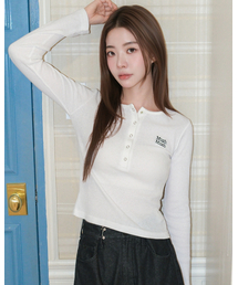 ワッフルヘンリーネック長袖Tシャツ[ホワイト]