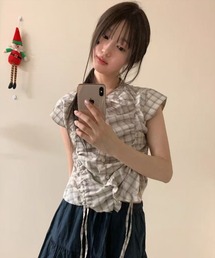 STAY MOTION（ステイモーション）の「【WEB限定】チェック柄サイドシャーリングフリルブラウス［骨格ウェーブ／ギンガムチェック／ギャザー／韓国ガーリー］（シャツ/ブラウス）」