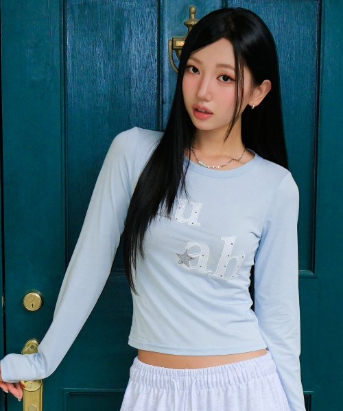 muahmuah（ムーアムーア）の「ドットスターアップリケ ロングスリーブ [スカイブルー]（Tシャツ/カットソー・レディース・その他・FREE）」の2枚目の写真