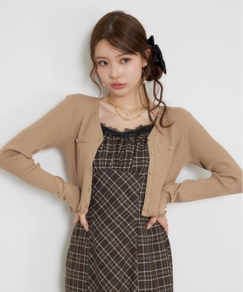 rienda(リエンダ)の「メローフリルニットカーディガン 秋服(カーディガン/ボレロ・レディース・ピンク/ベージュ/カーキ・FREE)」の1枚目の写真
