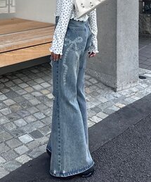 リボン抜染ダメージフレアデニム