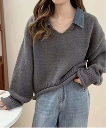 デニム衿Vネックニットトップス