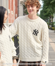 <Exclusive>MLB Embroidered Logo Mohair Touch Cable Knit / MLB 別注 ロゴ刺繍 モヘアタッチ ケーブルニット<帯電防止・マシンウォッシャブル>