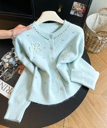 フラワー刺繍 ニットカーディガン