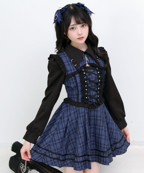 DearMyLove(ディアマイラブ)の「ピアス風十字架ファスナーレースアップワンピース(ワンピース・レディース・パープル/ブラック/ネイビー・3L/LARGE/MEDIUM)」の1枚目の写真
