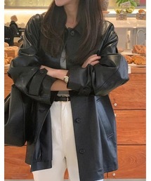 襟付きシングルブレストフェイクレザージャケット