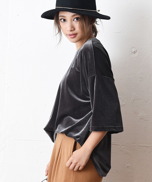 Luz Llena (NEY)（ラズレナニー）の「オーバーサイズ・ベロアトップス/Tシャツ（Tシャツ/カットソー・レディース・ネイビー/チャコールグレー/ボルドー・MEDIUM）」の5枚目の写真