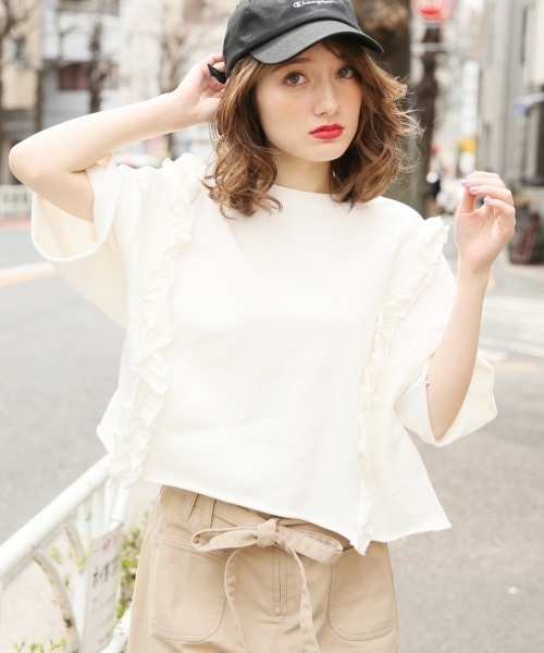 Heather（ヘザー）の「フリフリワイドウラケＴ　788339（Tシャツ/カットソー・レディース・ホワイト/ピンク/ネイビー・FREE）」の2枚目の写真