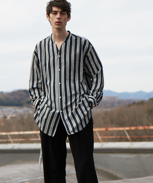 MAISON SPECIAL（メゾンスペシャル）の「ストライプスキッパーロングシャツ 【MAISON SPECIAL/メゾンスペシャル】（シャツ/ブラウス・メンズ・ブラック/ラベンダー・44/46/48）」の5枚目の写真