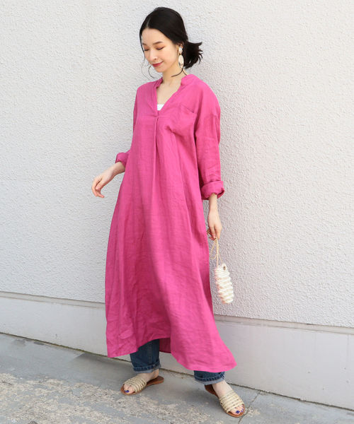 クロス＆クロス CLOTH&CROSS リネンスタンドフリルスキッパーワンピース CLOTH＆CROSS(クロス＆クロス) リネンスタンドフリルスキッパー