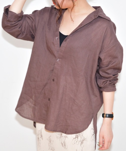 Ambre Neige（アンブルネージュ）の「リネンシャツ／【WEB/EC限定商品】（シャツ/ブラウス・レディース・ダークブラウン/オフホワイト/ライトグリーン・FREE）」の3枚目の写真