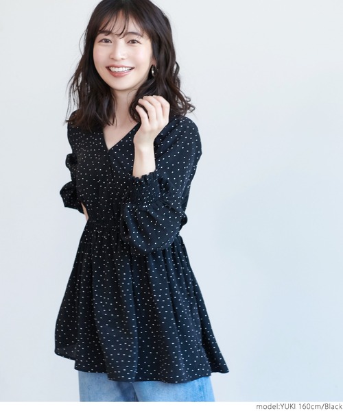 ドット柄 カシュクール ダブルボタン ブラウス vintage 一点物 白 黒 ドット柄 カシュクール ダブルボタン ブラウス vintage 一点物