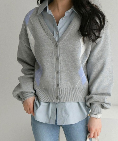 fd style（エフディ スタイル）の「【Chuzchuz】アーガイルVネックショートカーディガン（カーディガン/ボレロ・レディース・グレー/ブルー系その他/ライトベージュ・FREE）」の6枚目の写真