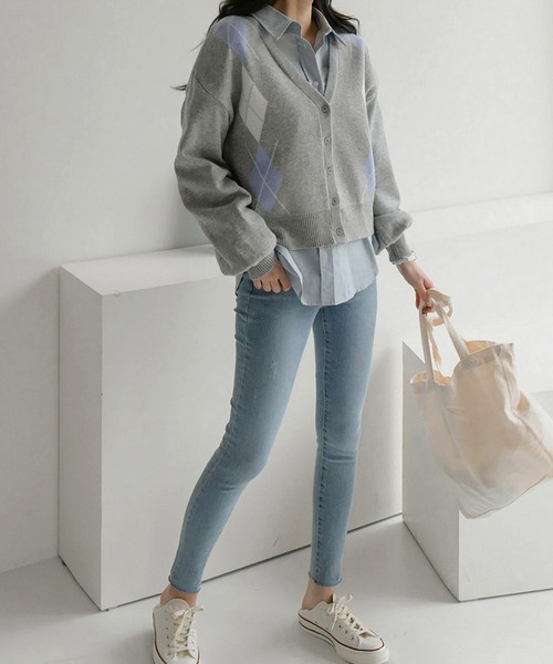 fd style（エフディ スタイル）の「【Chuzchuz】アーガイルVネックショートカーディガン（カーディガン/ボレロ・レディース・グレー/ブルー系その他/ライトベージュ・FREE）」の8枚目の写真