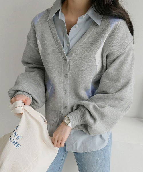 fd style（エフディ スタイル）の「【Chuzchuz】アーガイルVネックショートカーディガン（カーディガン/ボレロ・レディース・グレー/ブルー系その他/ライトベージュ・FREE）」の11枚目の写真