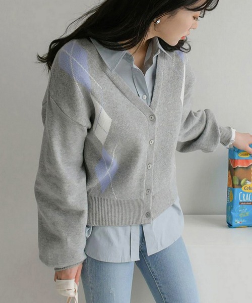 fd style（エフディ スタイル）の「【Chuzchuz】アーガイルVネックショートカーディガン（カーディガン/ボレロ・レディース・グレー/ブルー系その他/ライトベージュ・FREE）」の13枚目の写真