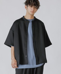 薄手 ポンチ 5分袖 ビッグシルエット バンドカラー 半袖 シャツ