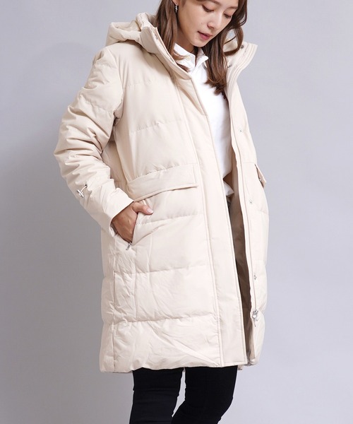 GIORDANO（ジョルダーノ）の「[GIORDANO] ダックダウン ピーチスキン撥水ダウンロングコート ダウン80%フェザー20%（フード脱着可能）（ダウンジャケット/コート・レディース・ブラック/カーキ・SMALL/MEDIUM/LARGE/X-LARGE/XX-LARGE）」の2枚目の写真