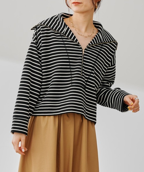 prose verse（プロズヴェール）の「ハーフジップボーダースウェット（Tシャツ/カットソー・レディース・ブラック/オフホワイト・FREE）」の2枚目の写真