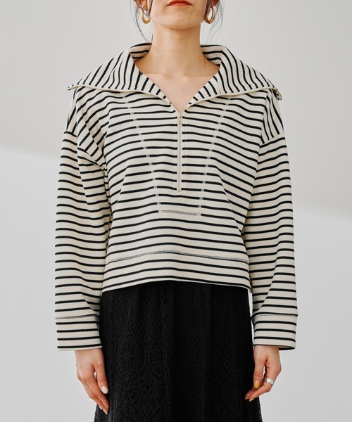 prose verse（プロズヴェール）の「ハーフジップボーダースウェット（Tシャツ/カットソー・レディース・ブラック/オフホワイト・FREE）」の11枚目の写真