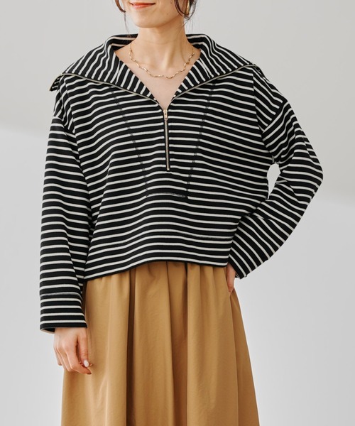 prose verse（プロズヴェール）の「ハーフジップボーダースウェット（Tシャツ/カットソー・レディース・ブラック/オフホワイト・FREE）」の6枚目の写真