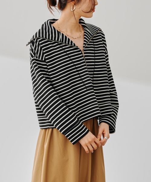 prose verse（プロズヴェール）の「ハーフジップボーダースウェット（Tシャツ/カットソー・レディース・ブラック/オフホワイト・FREE）」の8枚目の写真