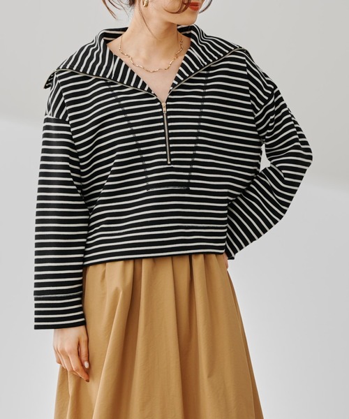 prose verse（プロズヴェール）の「ハーフジップボーダースウェット（Tシャツ/カットソー・レディース・ブラック/オフホワイト・FREE）」の9枚目の写真