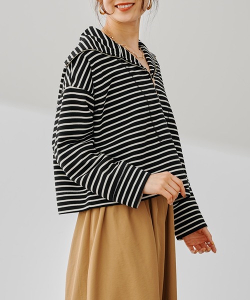 prose verse（プロズヴェール）の「ハーフジップボーダースウェット（Tシャツ/カットソー・レディース・ブラック/オフホワイト・FREE）」の10枚目の写真