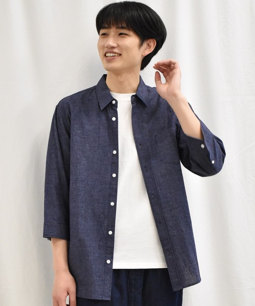 SPENDY'S Store（スペンディーズストア）の「接触冷感！綿麻デザイン７分袖シャツ（Tシャツ/カットソー・メンズ・ネイビー/ピンク/ブルー/ミント/ストライプ/チェック・LL/M/L）」の3枚目の写真