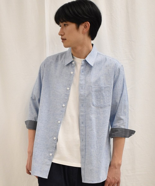 SPENDY'S Store（スペンディーズストア）の「接触冷感！綿麻デザイン７分袖シャツ（Tシャツ/カットソー・メンズ・ネイビー/ピンク/ブルー/ミント/ストライプ/チェック・LL/M/L）」の4枚目の写真