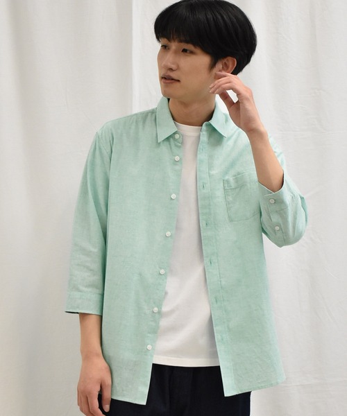 SPENDY'S Store（スペンディーズストア）の「接触冷感！綿麻デザイン７分袖シャツ（Tシャツ/カットソー・メンズ・ネイビー/ピンク/ブルー/ミント/ストライプ/チェック・LL/M/L）」の2枚目の写真