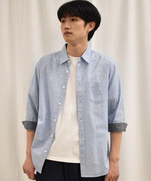 SPENDY'S Store（スペンディーズストア）の「接触冷感！綿麻デザイン７分袖シャツ（Tシャツ/カットソー・メンズ・ネイビー/ピンク/ブルー/ミント/ストライプ/チェック・LL/M/L）」の20枚目の写真