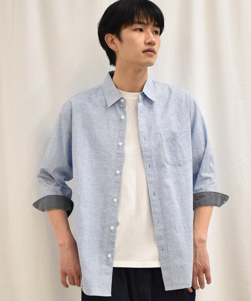 SPENDY'S Store（スペンディーズストア）の「接触冷感！綿麻デザイン７分袖シャツ（Tシャツ/カットソー・メンズ・ネイビー/ピンク/ブルー/ミント/ストライプ/チェック・LL/M/L）」の21枚目の写真