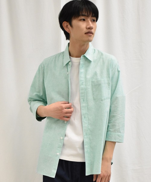 SPENDY'S Store（スペンディーズストア）の「接触冷感！綿麻デザイン７分袖シャツ（Tシャツ/カットソー・メンズ・ネイビー/ピンク/ブルー/ミント/ストライプ/チェック・LL/M/L）」の10枚目の写真