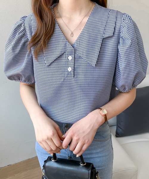 Diosfront（ディオスフロント）の「ギンガムチェックボリュームスリーブブラウス（シャツ/ブラウス・レディース・ブラック/ベージュ/ブルー・S/M）」の19枚目の写真