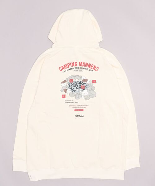 NANGA（ナンガ）の「ECO HYBRID CAMPING MANNERS PRINT HOODIE / エコハイブリッドキャンピングマナーズプリントフーディー（パーカー・メンズ・ホワイト/ライトグレー/キャメル・S/M/L/XL）」の4枚目の写真