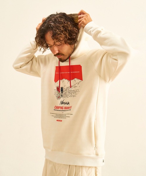NANGA（ナンガ）の「ECO HYBRID CAMPING MANNERS PRINT HOODIE / エコハイブリッドキャンピングマナーズプリントフーディー（パーカー・メンズ・ホワイト/ライトグレー/キャメル・S/M/L/XL）」の8枚目の写真