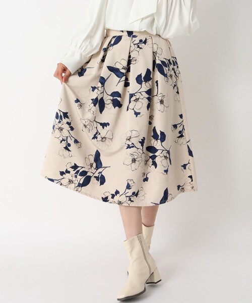 セール】【ウェスト後ろゴム/張り感シルエット】大花プリントスカート  