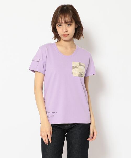 AVIREX（アヴィレックス）の「CAMO PRINT COMBI POCKET T-SHIRT/ カモプリントコンビポケットティーシャツ（Tシャツ/カットソー・レディース・ラベンダー/ホワイト系2/ブラック・L/M/S）」の15枚目の写真