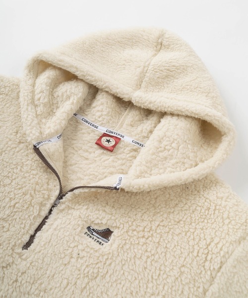 CONVERSE（コンバース）の「【CONVERSE/コンバース】ビッグシルエット シューズワンポイント刺繍 リブライン ボアハーフジップ プルパーカー/裏ボア ハーフジップフーディー（パーカー・レディース・ダークグリーン/ブラック/クリーム/ダークブルー・M/L/XL）」の6枚目の写真