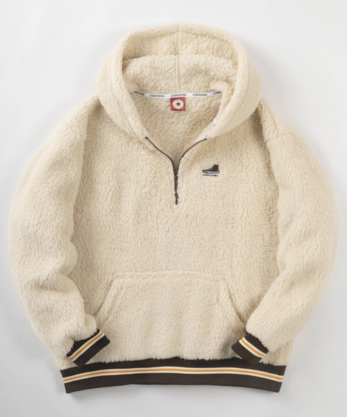 CONVERSE（コンバース）の「【CONVERSE/コンバース】ビッグシルエット シューズワンポイント刺繍 リブライン ボアハーフジップ プルパーカー/裏ボア ハーフジップフーディー（パーカー・レディース・ダークグリーン/ブラック/クリーム/ダークブルー・M/L/XL）」の15枚目の写真