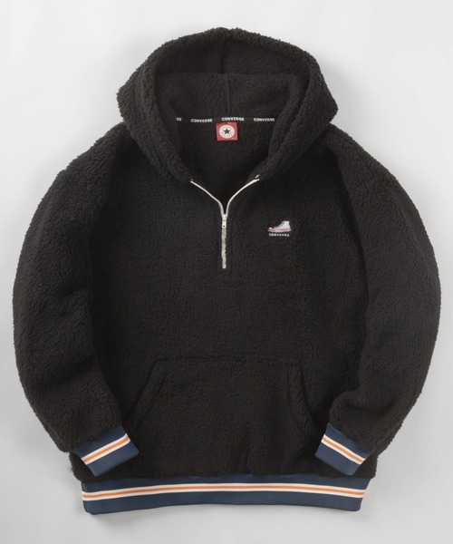 CONVERSE（コンバース）の「【CONVERSE/コンバース】ビッグシルエット シューズワンポイント刺繍 リブライン ボアハーフジップ プルパーカー/裏ボア ハーフジップフーディー（パーカー・レディース・ダークグリーン/ブラック/クリーム/ダークブルー・M/L/XL）」の16枚目の写真
